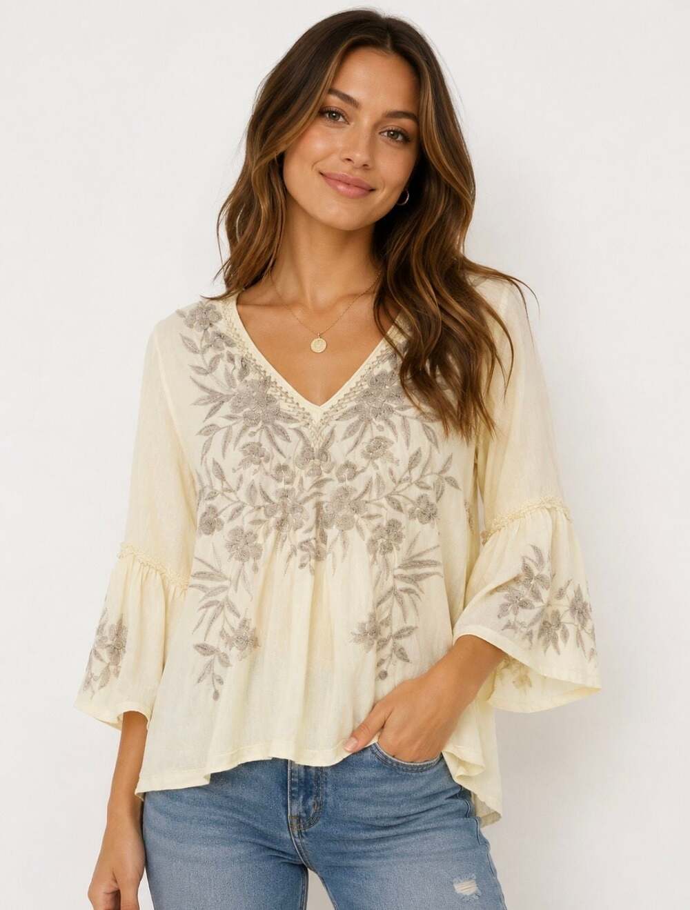 Johnny Was Los Angeles V-Neck Bell Sleeve Embroidered Blouse